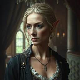 half - elf rich mature woman, with some inbred traits, alone in her mansion, head and torso portrait by raymond swanland and johan grenier