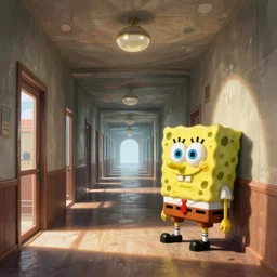 long hall with spongebob at the end