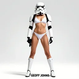 propaganda poster of a full body shot portrait of a sexy stormtrooper in white bikini by geoff johns, sexy pose