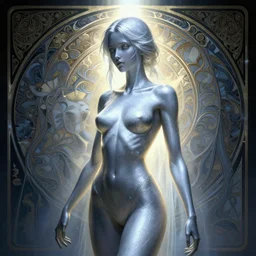 gentle ghost, slender girl, silver skin, illustration, cinematic lighting, 8 k, d & d, frostbite 3 engine, of, artstation, intricate, digital art, twilight ray, art by tsuyoshi nagano, greg rutkowski, artgerm, alphonse mucha, radiant light, detailed and complex environment, digital art, art station trends