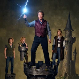 Portrait John Goodman wearing a polka-dot vest whilst brandishing a lightning orb standing atop a wizard tower charlie bowater elina brotherus greg rutkowski Dan Witz paul klee jamie wyeth victo ngai
