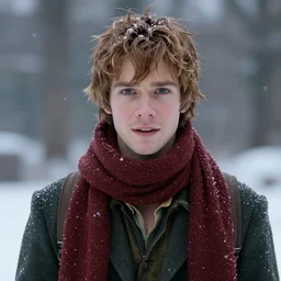 Peter pan wearing a scarf in the cold,detailed,live action