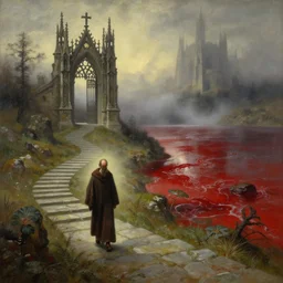 a gorgeous landscape painting by barlowe wayne, maxfield parrish and marco mazzoni. a lonely monk walks on the winding stone steps, a lonely magnificent gothic gate to the hell, turbulent blood lake, fog. 3 d, octane render, 8 k.