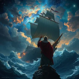 a concept art of the greatest sailor of all time, looking at storm which destroyed ship, intricate details, starry night, artstation, epic scenery, colourful sky, by marco bucci and rembrandt