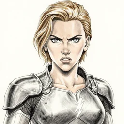 lightning scarlett johansson with angry expression wearing armour. dramatic lighting, anime style, pencil and ink manga drawing,