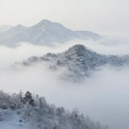 a painting of snowy mountains covered with fog, birds flying in the distance