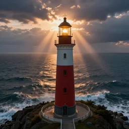 huge lighthouse, night sea storm, sunset, godrays, bird view perspective, top-front view, fantasy digital art, heroic, fight, in style of kyrill kotashev, will murai, tia masic