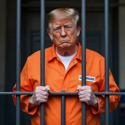 donald trump wearing orange prison jumpsuit, locked behind bars. looking very sad.