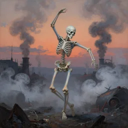 a slender skeleton with gnarled limbs,very soft blue and orange pastel colors, dances on an apocalyptic landscape in the light of twilight with steamer,smoke and fog, painting by Beksiński,darkart, hyperdetailed,4k, very beautiful