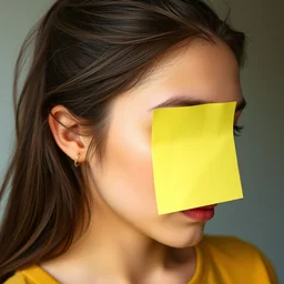 front profile of a young adult woman with a post it note covering her right eye