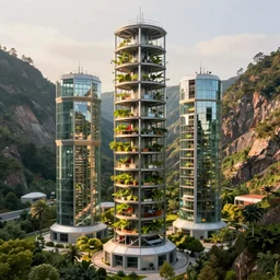 vertical farm towers next to sci - fi cuboid glass buildings in a steep sided valley with trees, a sense of hope and optimism, hyper realistic, high res, 4 k, warm light, edouard groult, bynde, kirill leonov, isaac zuren