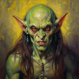 Evil goblin. Extremely high detail, details, realistic, masterpiece, colorful. Portrait painting by Arthur Rackham, Muzinabu, Johann Tischbein, Eugene de Blaas, Frederic Leighton, Harry Clarke