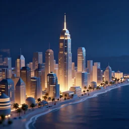 geometric futuristic cityscape, night lights, seashore, 3d minimalistic, distant, sharp focus, smooth, volumetric lights, digital art