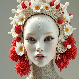 complex 3 d render hyper detailed ultra sharp beautiful sophisticated elegant female, futuristic biomechanical, carved porcelain ivory fair face, iris van herpen white daisies red corals cyberpunk filigree lace haute couture headdress with rhizomorph finials spires, brackets, fractal colorful puffballs, octane render, 8 k