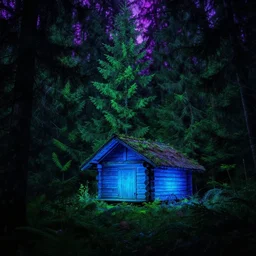 portrait of an ethereal evergreen forest made of green and purple light, divine, cyberspace, mysterious, dark high-contrast concept art, log cabin made of blue light