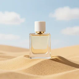 perfume bottle sitting on a small mountain of golden desert sand, close up shot, upfront, with blue sky and clouds in the background, softly - lit, soft - warm, zen, light, modern minimalist f 2 0 clean