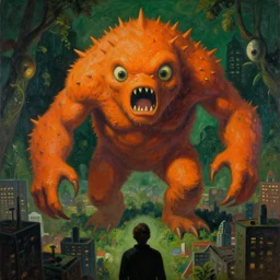 funereal, lush by quint buchholz, by guido crepax. a beautiful painting of a large, orange monster looming over a cityscape. the monster has several eyes & mouths, & its body is covered in spikes. it seems to be coming towards the viewer, who is looking up at it in fear.
