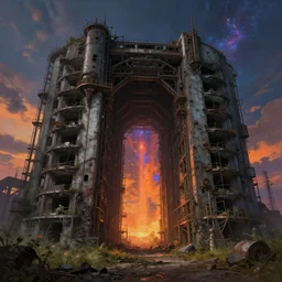 a beautiful hyperdetailed painting of portal industrial architecture abandoned unfinished building urbex architecture building by owen d. pomery, apocalyptic cosmic at dusk steampunk thermal vision nature nightvision at summer cyberpunk universe, archdaily, wallpaper, highly detailed, trending on artstation.