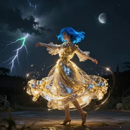 blue - haired cloud woman spins in the night, swirling flashes of gold and silver light, traces of green, lightning in distant clouds, cinematic lighting, distant planet, cycles render
