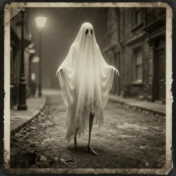 a long legged victorian ghost, haunted, creepy, dark street, ghostly, old faded photograph, filmgrain, damaged film stock, sepia, black and white, by octane render blender 8 k isometric dof spot lighting