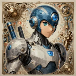 futuristic synthwave megaman X portrait, sci-fi steampunk, fantasy, intricate, elegant, highly detailed, digital painting, artstation, concept art, smooth, sharp focus, illustration, art by artgerm and greg rutkowski and alphonse mucha