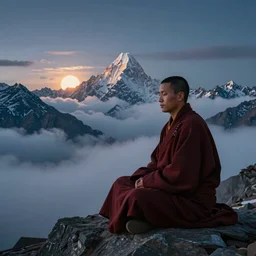 a robed monk sitting zen-like at the peak of the himalayas with the peaks beyond visible through clouds, 3AM with the sunet peeking through the pillow-like cotton-like clouds , hyperdetailed, octane , hyper realistic , detailed , interior , hyperfocal 8k , in the style of Noah Bradley