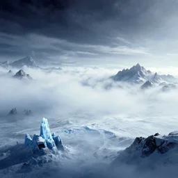 frozen wasteland frontiers with clouds and fog on an alien science-fiction planet with distant mountains and snow by Syd Mead, Federico Pelat