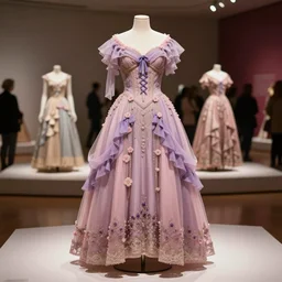 the film still photographed image is a haute couture evening gown from the 1 9 3 0 s. the outfit ensemble is inspired by a purple pink princess soft pastel dusty. it is displayed on a mannequin in a museum exhibit. vibrant cinematography, anamorphic lenses, upscale, hyper realistic photo, crisp, detailed image in 8 k resolution.