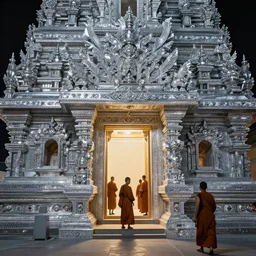 a temple made of shiny metal and crystals, light coming from the entrance, monks passing by, matte painting in the style of Daniel Dociu
