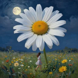 giant daisy flower as a head, girl walking in flower field, surreal photography, night moon light, dramatic, impressionist painting, clouds, digital painting, artstation, simon stalenhag