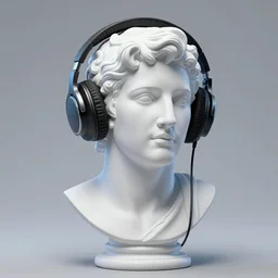 a roman bust wearing headphones, in the style of vaporwave