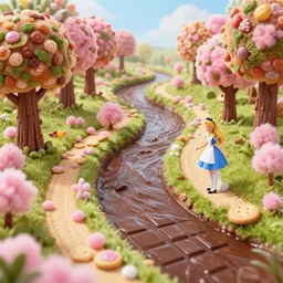 an ultra realistic dream landscape of a chocolate river, trees made of candies, cotton candy bushes roads made of buiscuits, fairy landscape, octane render, fairytail, unreal engine, 4 k, masterpiece, tilt shift, david lachapelle, alice in wonderland, trending on artstation,