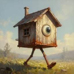 a walking wood and metal house with two legs and one big eye, rust, hyperrealistic, highly detailed, cinematic, single ray of sun, morning, pareidolia, gravity falls style, beautiful, cgssociety, artstation, 8 k, oil painting, digital art