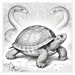 a full - body turtle with turtle shell another side with snake head, wisdom, good and evil, white ink + magical + symmetrical + detailed intricate + heraldic design + atmosphere ， by peter mohrbacher and kentaro miura + high details, in the style of jean delville, artstation, 8 k, tarmo juhola, ivan laliashvili, james gurney, moebius, roger dean, wlop, victo ngai, 4 k, cinematic