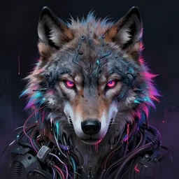 cybernetic wolf illustrated face with twisting wires and dripping neon paint, dark fantasy grunge stylized illustration by dan mumford