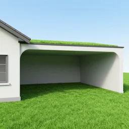 photo of a house exterior inside a bunker, fake grass, fake sky