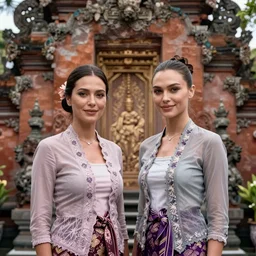 portrait of lindsey pelas and gal gadot wearing kebaya in bali temple, by charlotte grimm, natural light, detailed face, beautiful features, symmetrical, canon eos c 3 0 0, ƒ 1. 8, 3 5 mm, 8 k, medium - format print, half body shot