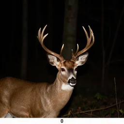 trail camera photo of a deer at night in the forest. obscurity. dark background. flash. red eyes