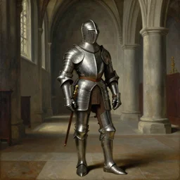 an oil painting of a knight wearing plate armor in a medieval church, 4 k, highly detailed, painted by thomas cole