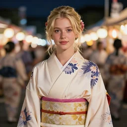 a beautiful california blonde girl wear elegant yukata in festival | | summer night, realistic shaded, pleasant face, good looking, fine details, 4 k realistic, cryengine, realistic shaded lighting poster by greg rutkowski, magali villeneuve, artgerm, jeremy lipkin and michael garmash and rob rey