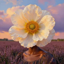 closeup, a giant flower as the head, an african woman in a heather field, surreal photography, golden hour, colorful clouds, impressionist painting, digital painting, artstation, simon stalenhag