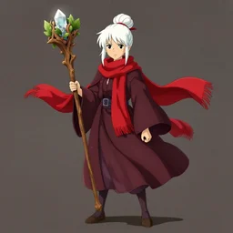 full body portrait of a girl sorcerer with white hair in a hairbun, she is wearing a red scarf. she is holding a large natural wood wand with leaves on it and a crystal at the top. cgsociety masterpiece, artstation trending, by rossdraws, ghibli, kimi no na wa, greg rutkowski, simon stalberg, greg manchess