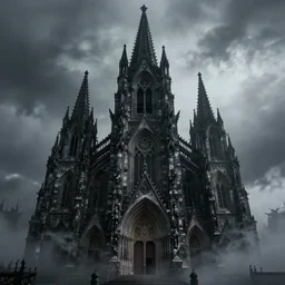 a dark haunted cathedral, demonic, scary architecture, epic fantasy art, sharp, fantasy, mystical atmosphere, mist, gloomy, horror, trending on artstation, deviantart, high detail, photorealistic, hyperrealistic, high definiton, 4 k uhd