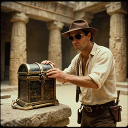 film frame of fabio rovazzi taking a trasure from an ancient temple. indiana jones style 4 k quality rule of thirds fabio rovazzi dressed as indiana jones detail cinematic color grading by christopher nolan. sunglasses