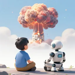 a boy and a robot sitting and looking a nuclear explosion smoke mushroom from far away, digital art