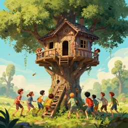 The battle for the treehouse, kids trying to take a treehouse from another group of kids, artwork by Craig Mullins,Movie poster, detailed, trending on artstation
