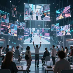 cinematic shot cyberspace of creativity, very large floating holographic videos, hyper realistic, mood lighting, fantasy, detailed happy people creating colorful diverse art, big colorful video statues, highly detailed, super realistic, perfect lighting pixel sorting, style sheet