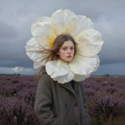 portrait, giant flower head, a girl wearing a coat in a heather field, surreal photography, wind and cold, dramatic sky, impressionist painting, digital painting, artstation, simon stalenhag