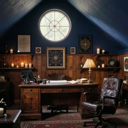 1970s color interior magazine photo of a witchy office with dark blue walls, with candles on shelves, wooden walls with framed occult art with esoteric symbols, with natural dappled light coming in through a circular window, in an attic