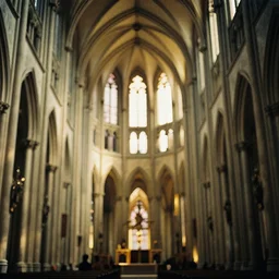 a 3 5 mm photo of the interior of a gorgeous gothic cathedral, bokeh, canon 5 0 mm, cinematic lighting, dramatic, film, photography, golden hour, depth of field, award - winning, 3 5 mm film grain, retro, film, kodachrome